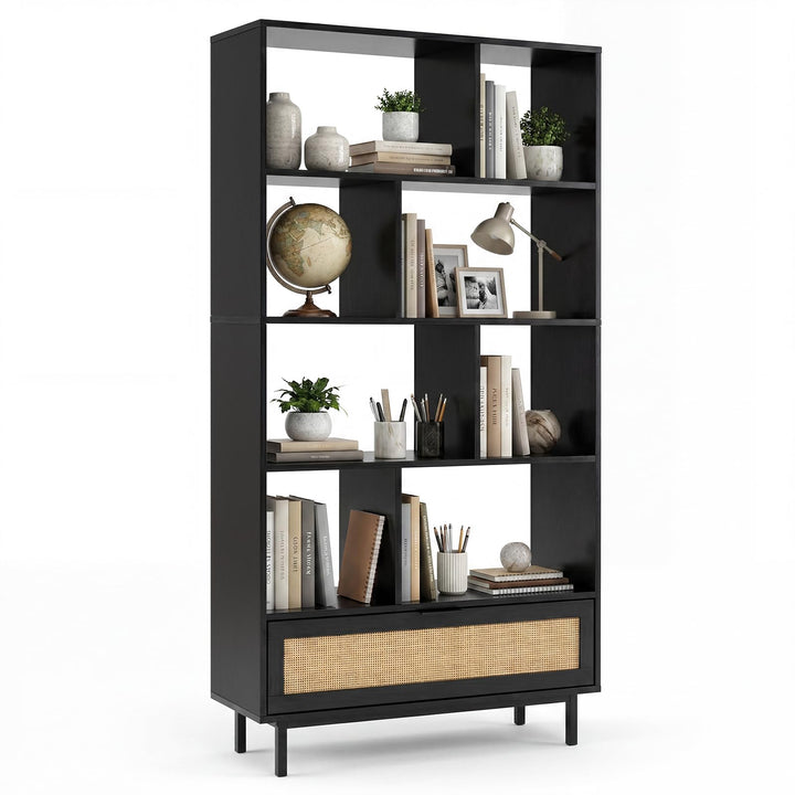 Giantex 64" Tall 6-Tier Wood Bookshelf with Rattan Drawer