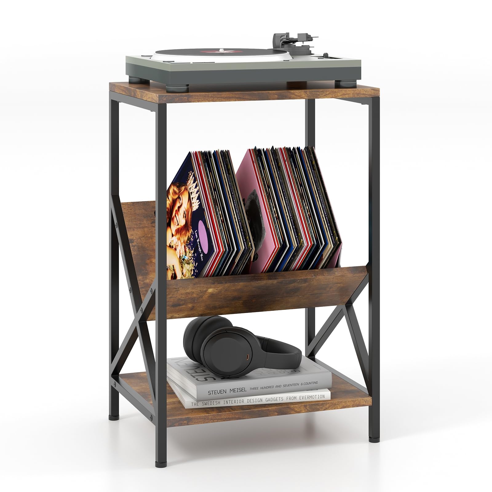 Giantex Record Player Stand, 3-Tier End Table w/ V-Shaped Magazine Holder, Turntable Stand with Record Storage Up to 80 Albums
