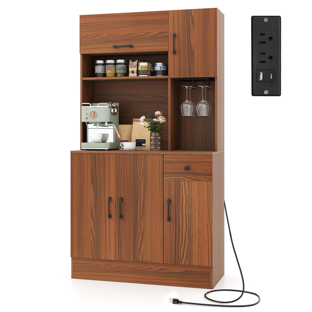 Giantex 66" Kitchen Pantry Cabinet with Charging Station for Dining Room Living Room