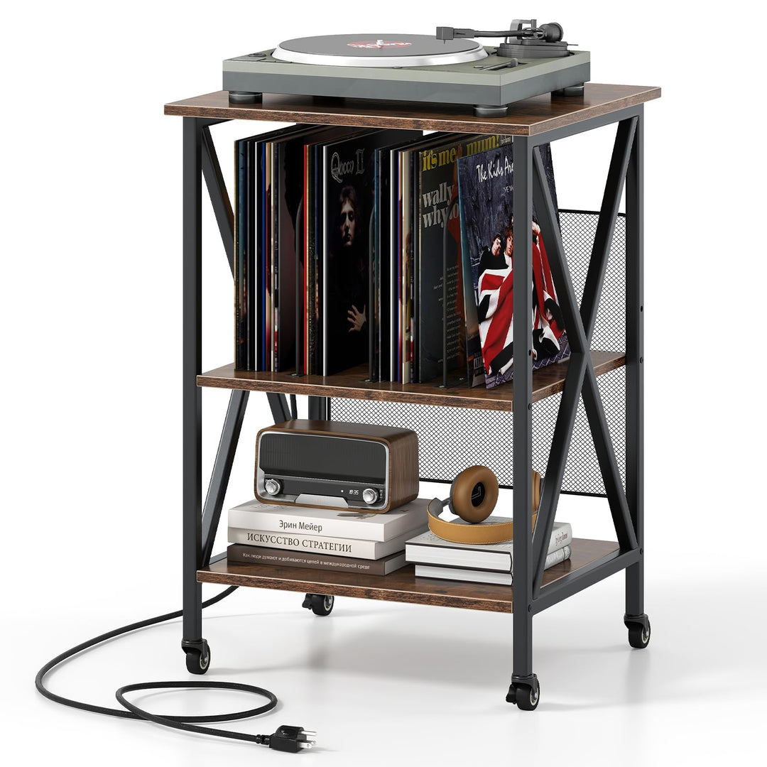 Giantex Record Player Stand with Charging Station Turntable Stand with Record Storage & 4 Rolling Wheels