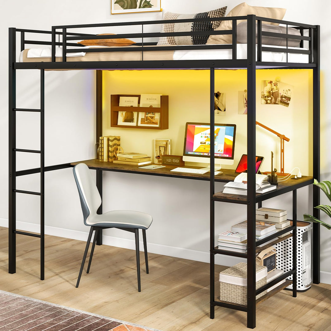 Giantex Twin Loft Bed with L-Shaped Desk, Metal Loft Bed Frame with LED Lights