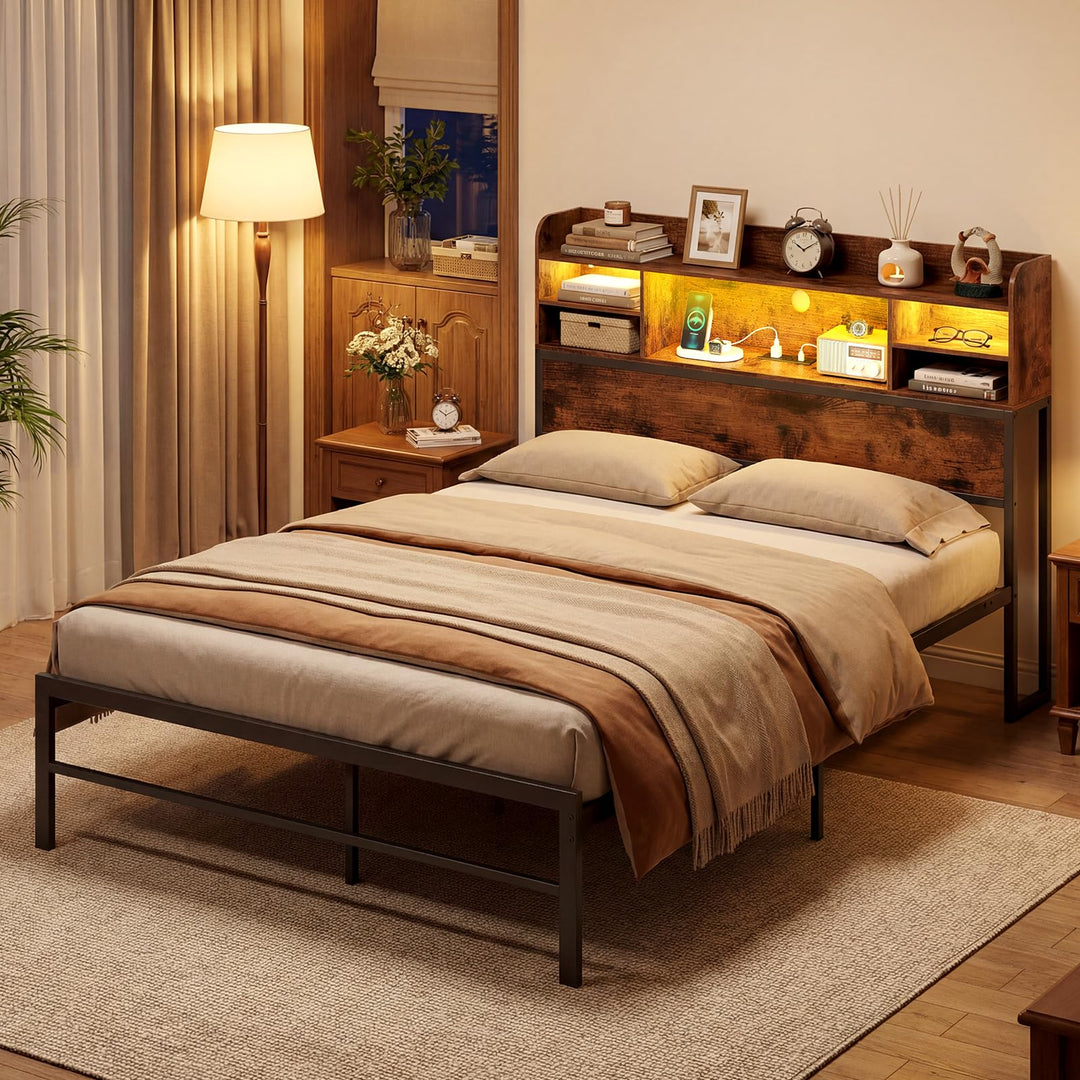 Giantex Full Size Industrial Metal Bed Frame with LED Lights &amp; Charging Station