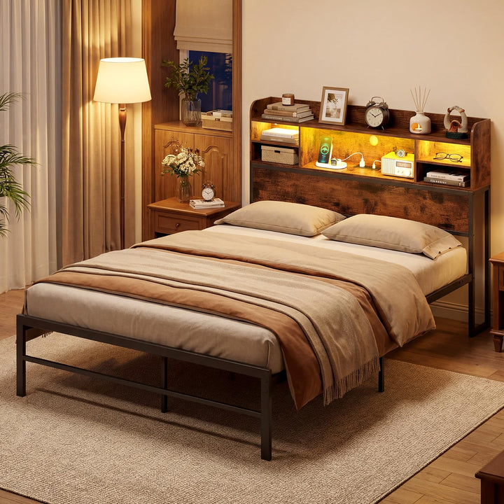 Giantex Full Size Industrial Metal Bed Frame with LED Lights &amp; Charging Station