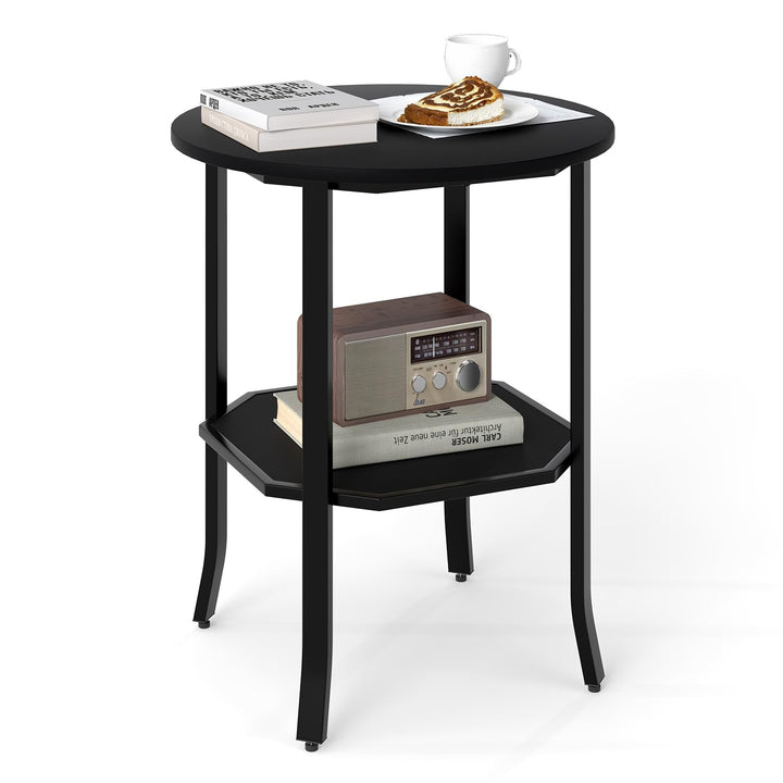 Giantex 2-Tier Round Small Sofa Couch End Table with Storage Shelf &amp; Steel Frame
