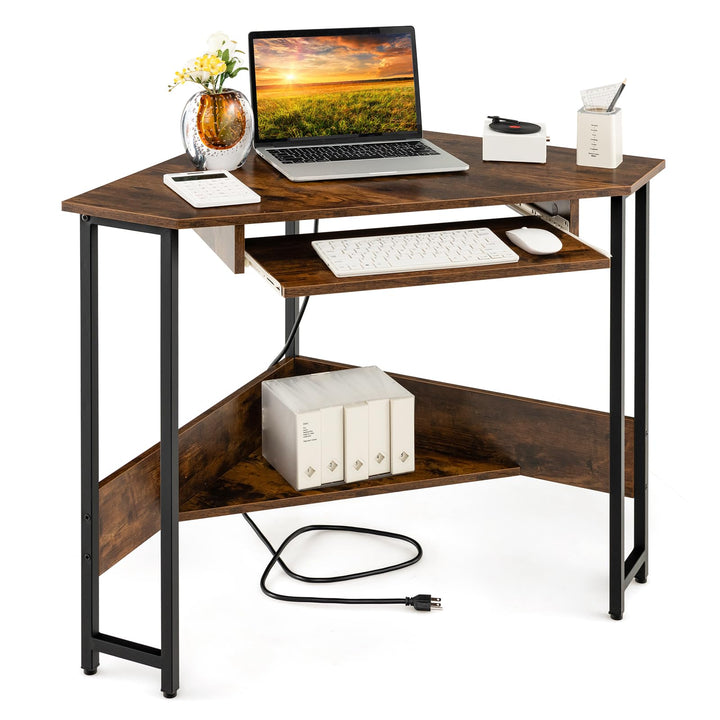 Giantex Corner Desk with Power Outlets, Small Corner Computer Desk w/ Keyboard Tray & Storage Shelf