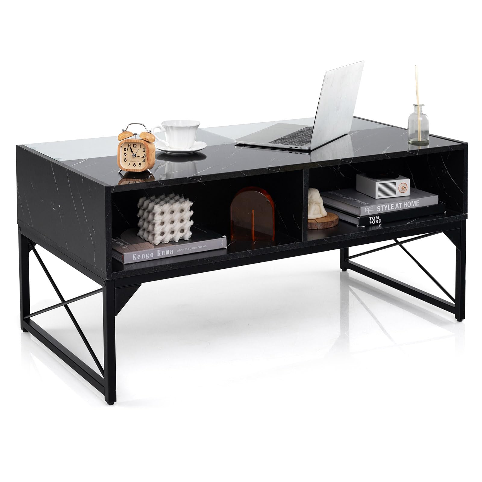 Giantex LED Coffee Table, High Gloss Coffee Tables with 4 Storage Cubes