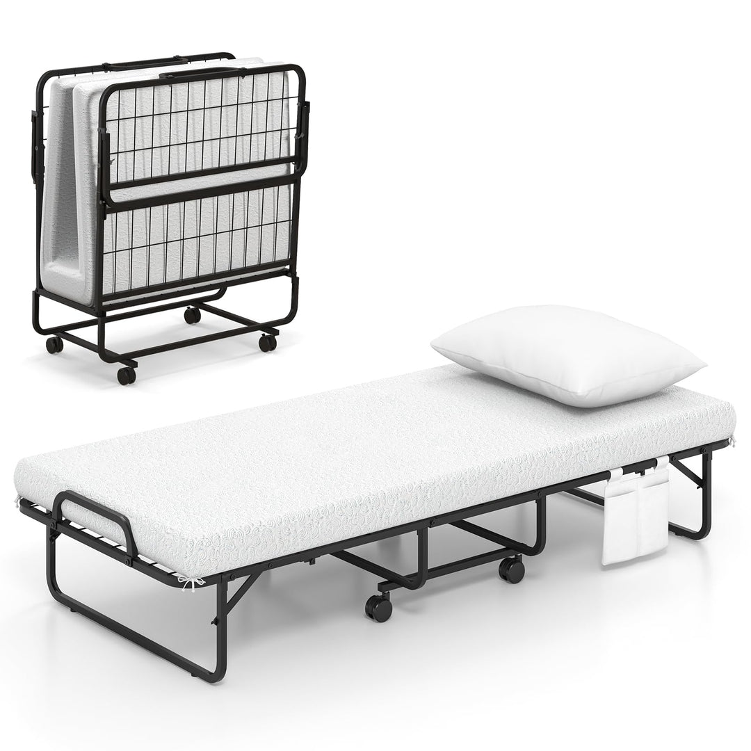 Giantex Folding Bed with Mattress and Top Pillow, Cot Portable Guest Bed w/Metal Frame, 75" x 31"