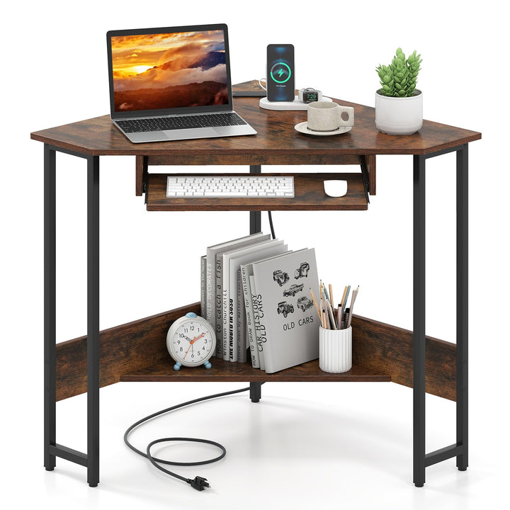 Giantex Small Corner Desk with Charging Station with Keyboard Tray & Storage Shelf