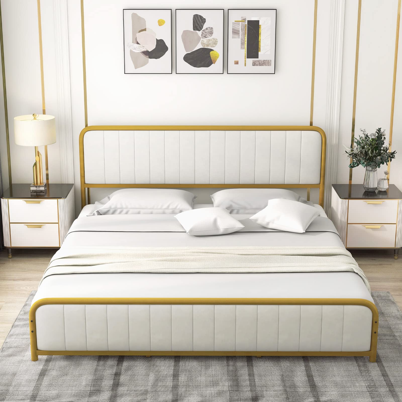 Giantex Twin Size Gold Bed Frame with Velvet Headboard and Footboard, Heavy-duty Metal Slats Support Mattress Foundation