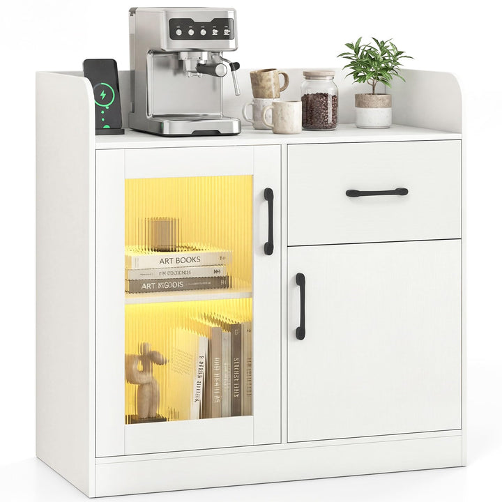 Giantex RGB LED Buffet Sideboard | White Kitchen Storage Cabinet with Charging Station