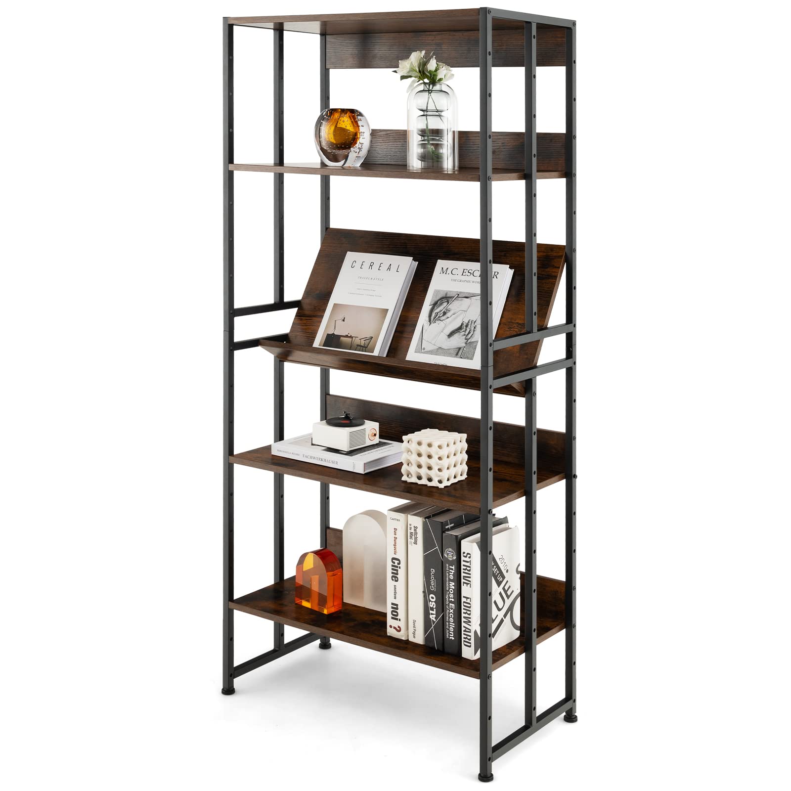 Giantex 5-Tier Industrial Bookshelf Rustic Brown - Metal Frame 61" Tall