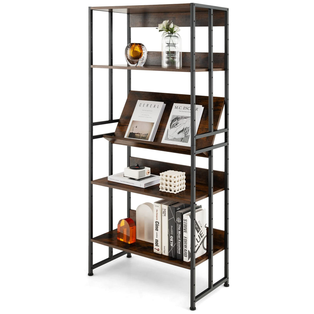 Giantex 5-Tier Industrial Bookshelf Rustic Brown - Metal Frame 61" Tall