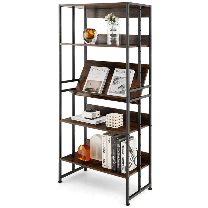 Giantex 5-Tier Industrial Bookshelf Rustic Brown - Metal Frame 61" Tall
