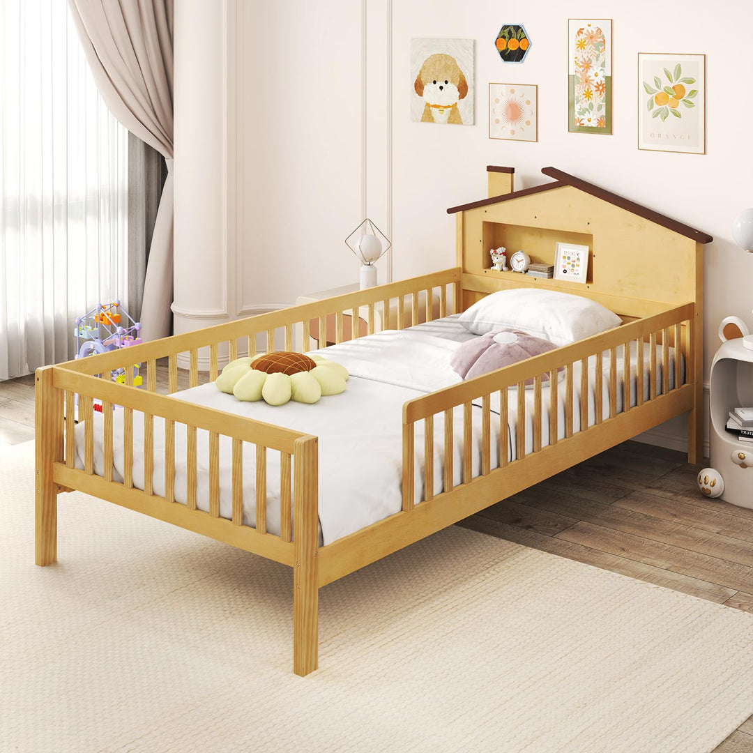 Giantex Twin Bed Frames for Kids, Solid Wood Montessori Bed with House-Shaped Headboard & Built-in Storage Shelf