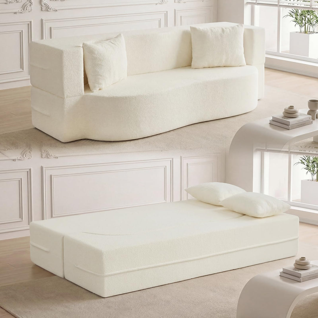 Giantex 75.5" Folding Sofa Bed | 2-in-1 Convertible Teddy Fleece Floor Loveseat with 2 Comfortable Pillows