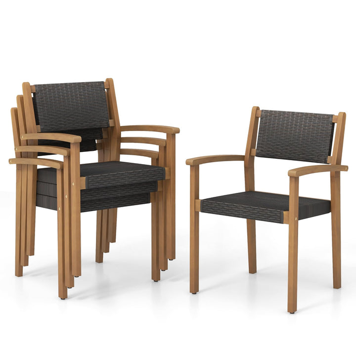 Giantex Stackable Outdoor Wicker Dining Chair Set, Rattan Armchairs w/Acacia Wood Frame
