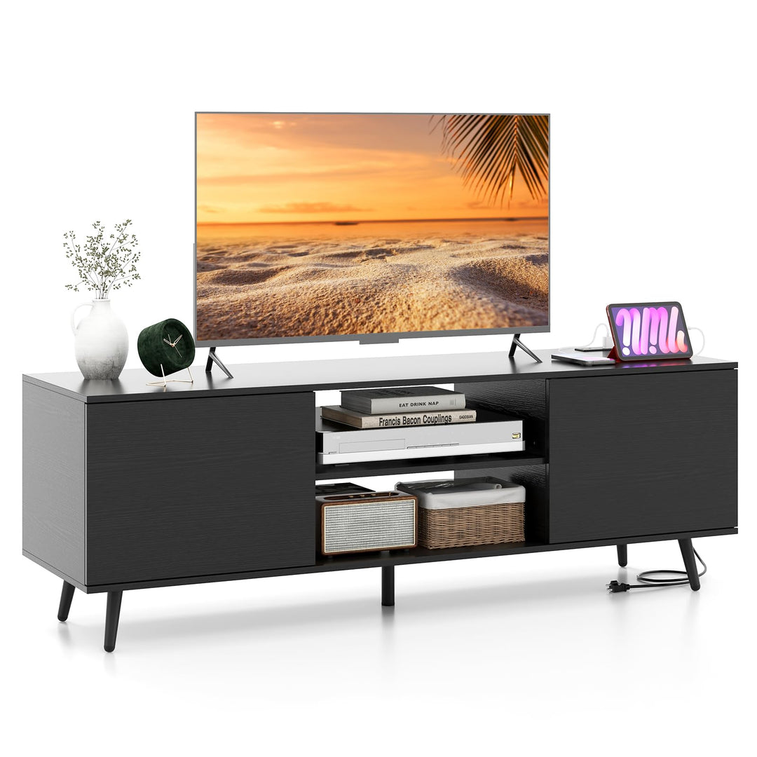 Giantex TV Stand with Power Outlet for TVs up to 60'', Entertainment Center with Cable Hole, Cabinets