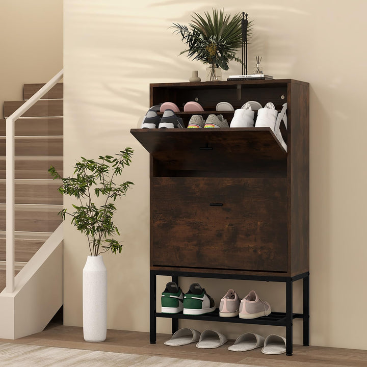 Giantex Shoe Storage Cabinet - Hidden Shoe Organizer with 2 Flip Drawers, Adjustable & Removable Interior Shelves