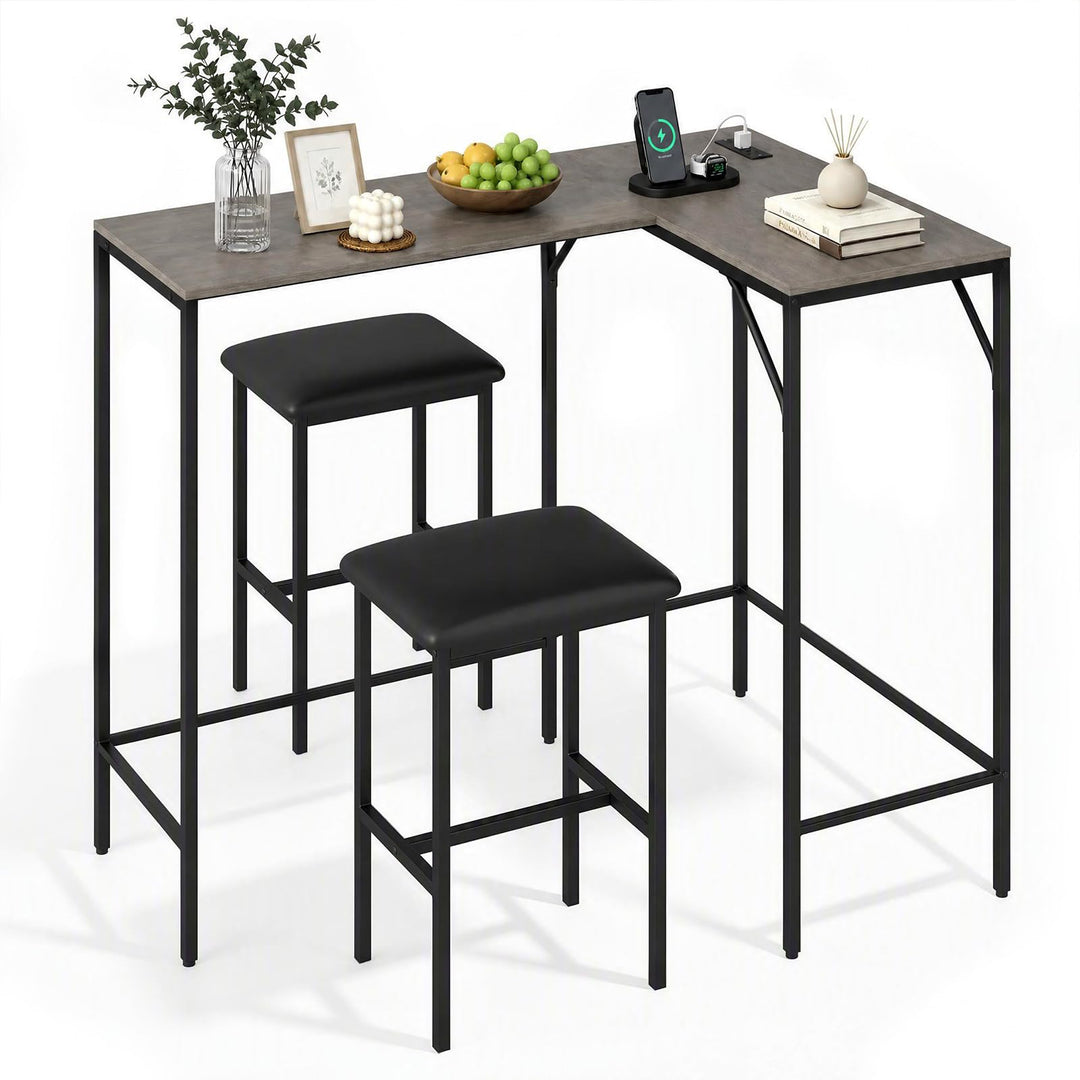 3-Piece Convertible L-Shaped Kitchen Table Chair Set with 2 AC Outlets  USB Port and Type-C Port