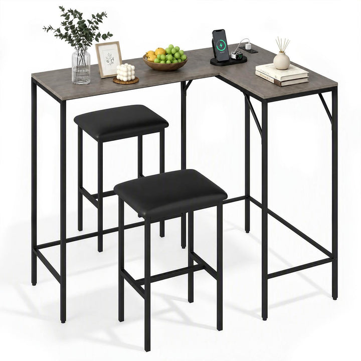 3-Piece Convertible L-Shaped Kitchen Table Chair Set with 2 AC Outlets  USB Port and Type-C Port
