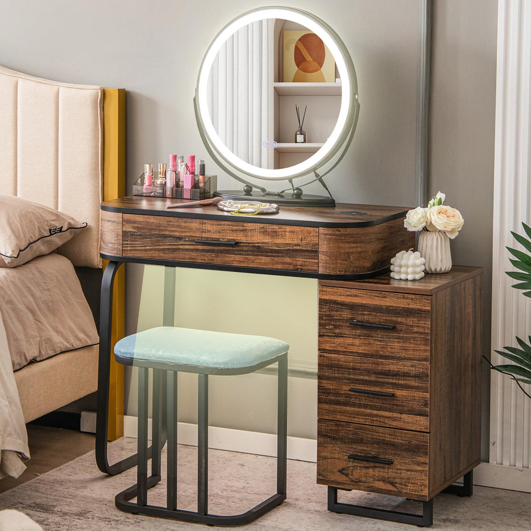 CHARMAID Makeup Vanity Table with Lights, Vanity Desk with 3 Color Lighted Mirror, Rustic Brown