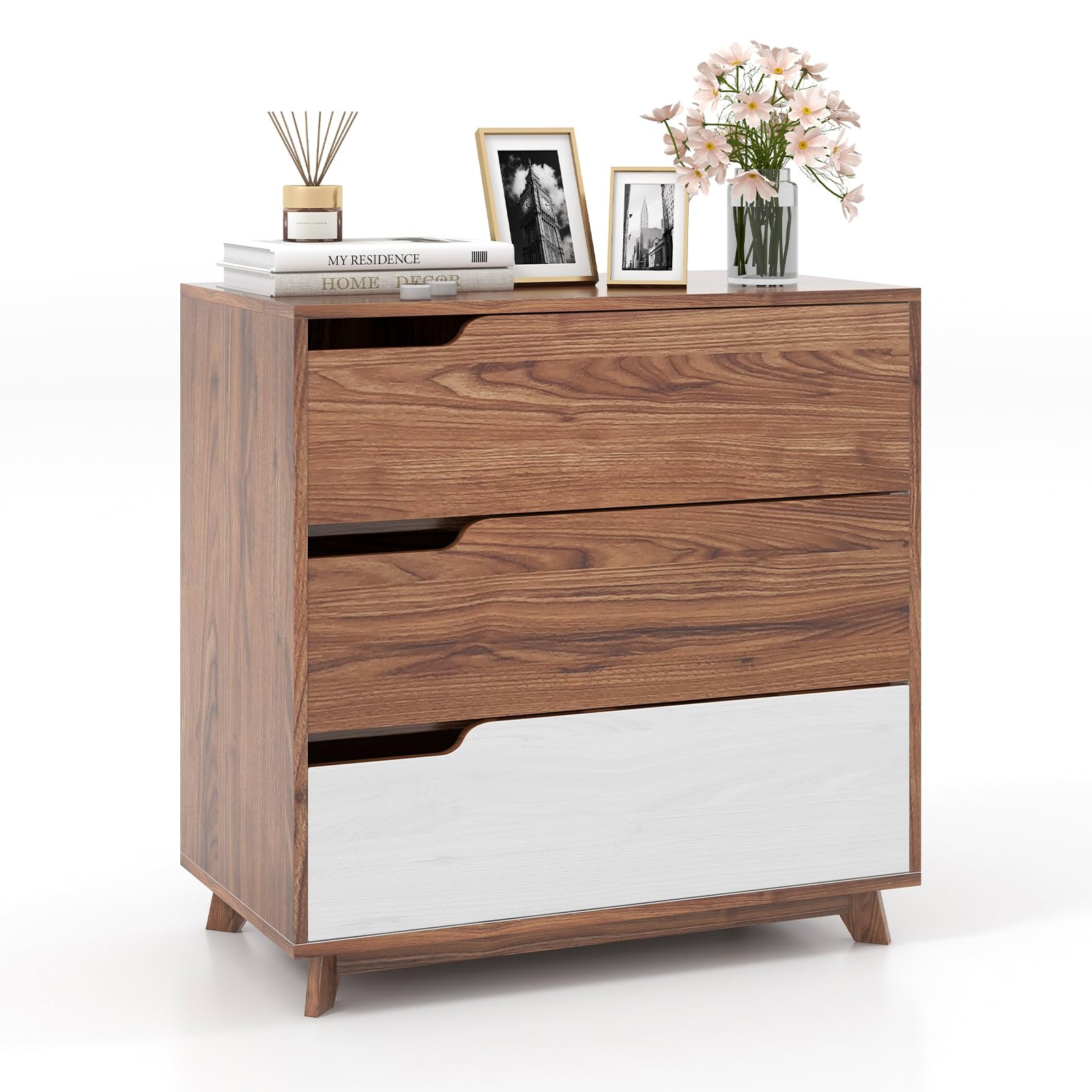 Giantex 3-Drawer Dresser for Bedroom - Small Chest of Drawers, Rustic Farmhouse Storage Cabinet, Walnut & White