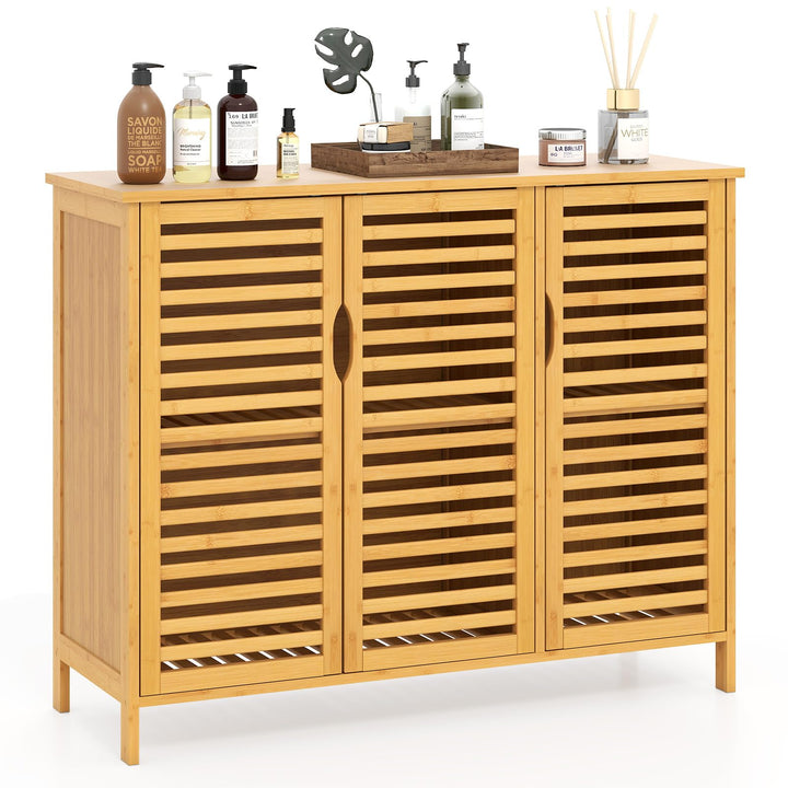 Giantex Bamboo Bathroom Storage Cabinet 3-Door Storage Organizer with Shelves