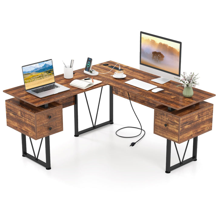 Giantex L Shaped Desk with Drawers, 59” Large Computer Desk with Power Outlet