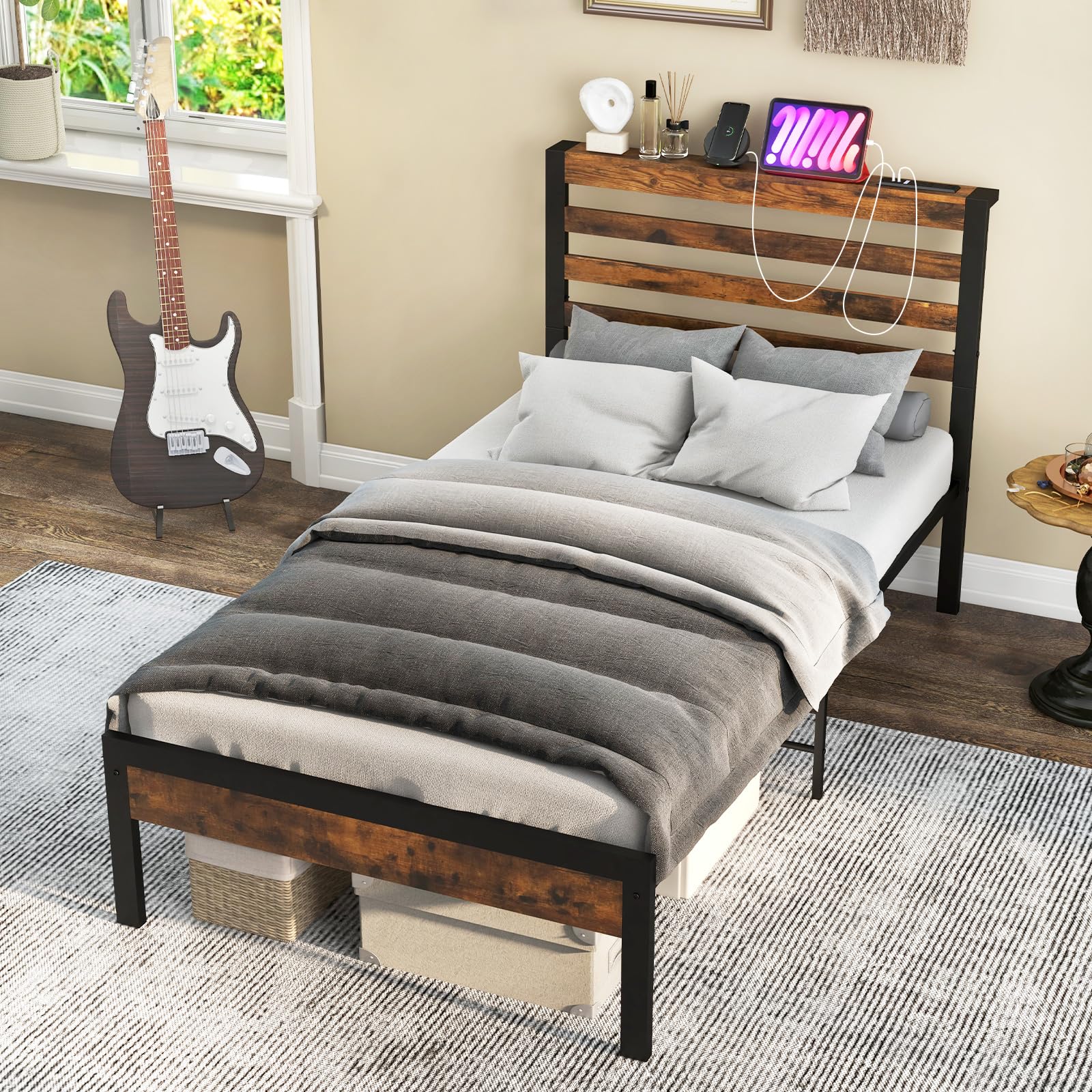 Giantex Queen Metal Platform Bed Frame with Wooden Headboard & Footboard, Rustic Brown