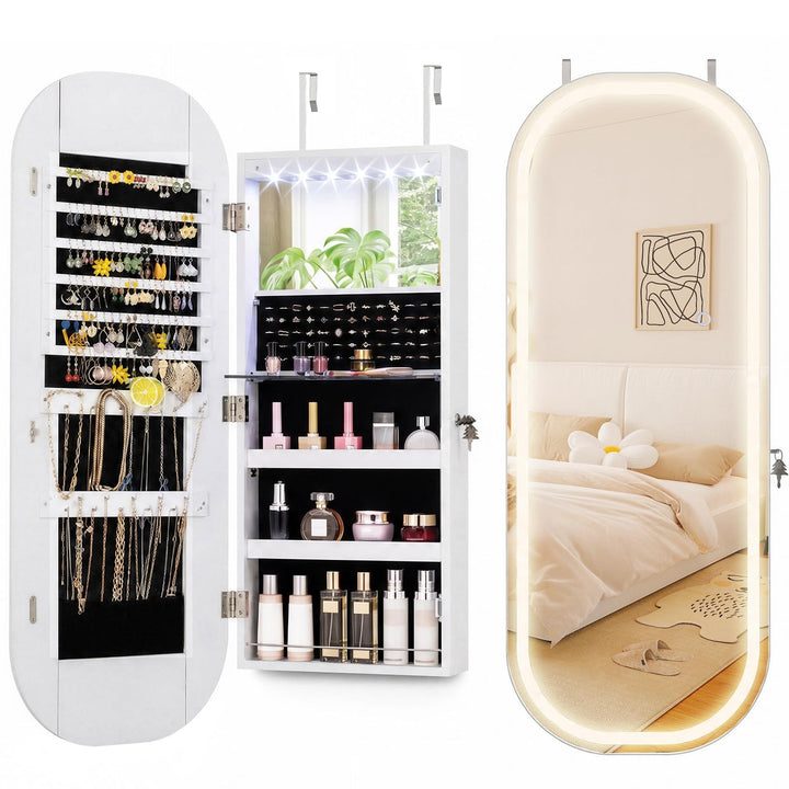 CHARMAID LED Full Length Mirror Jewelry Cabinet | Wall Mount &amp; Over the Door