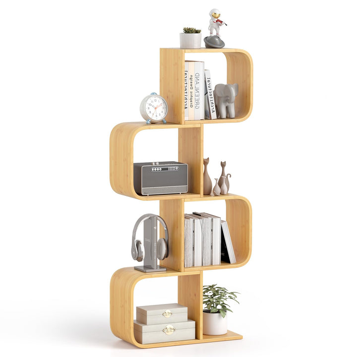 Giantex 4-Tier S-Shaped Bamboo Bookshelf with 4 Open Cubes