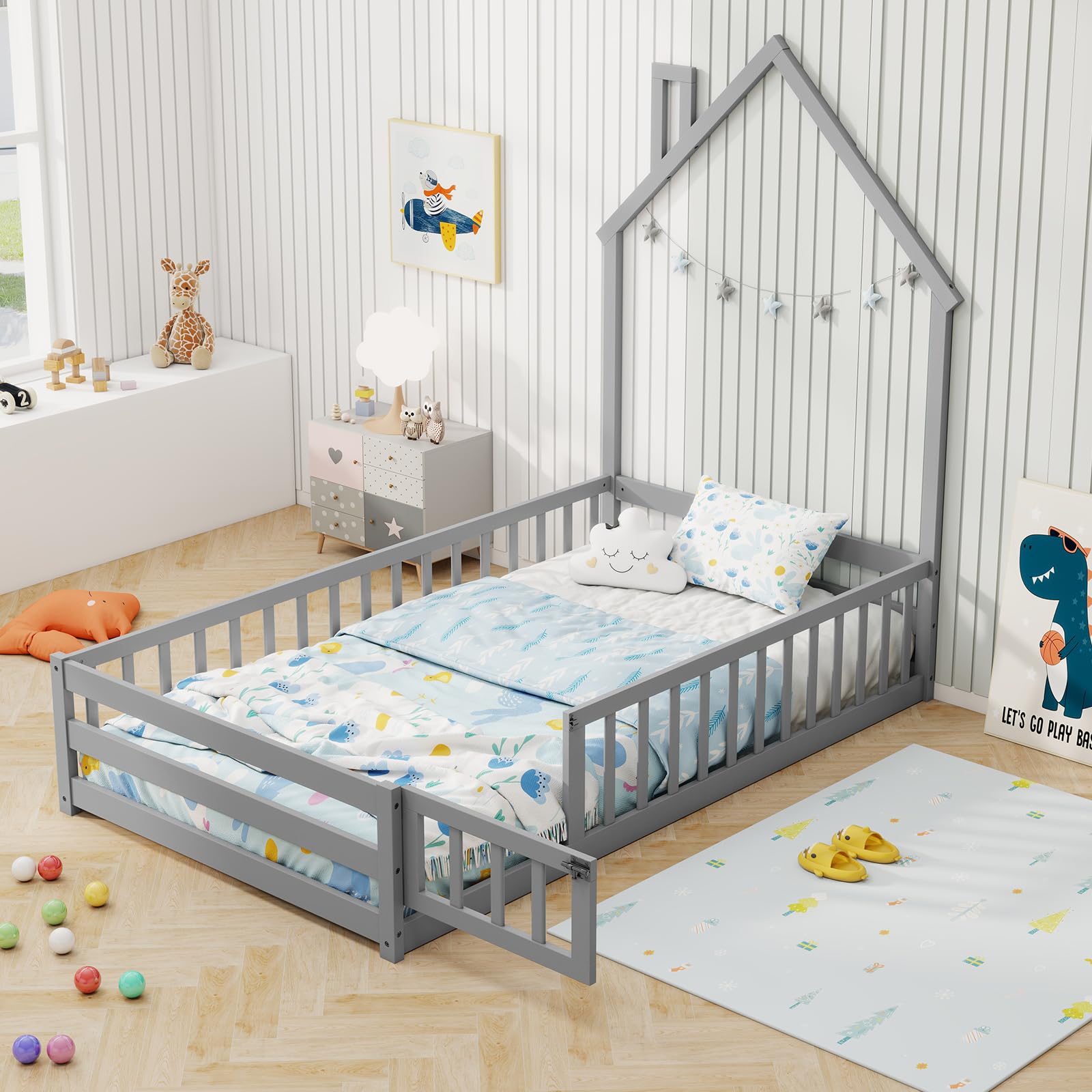 Giantex Twin Floor Bed, House-Shaped Montessori Bed Frame with Headboard, Full-Length Guardrail
