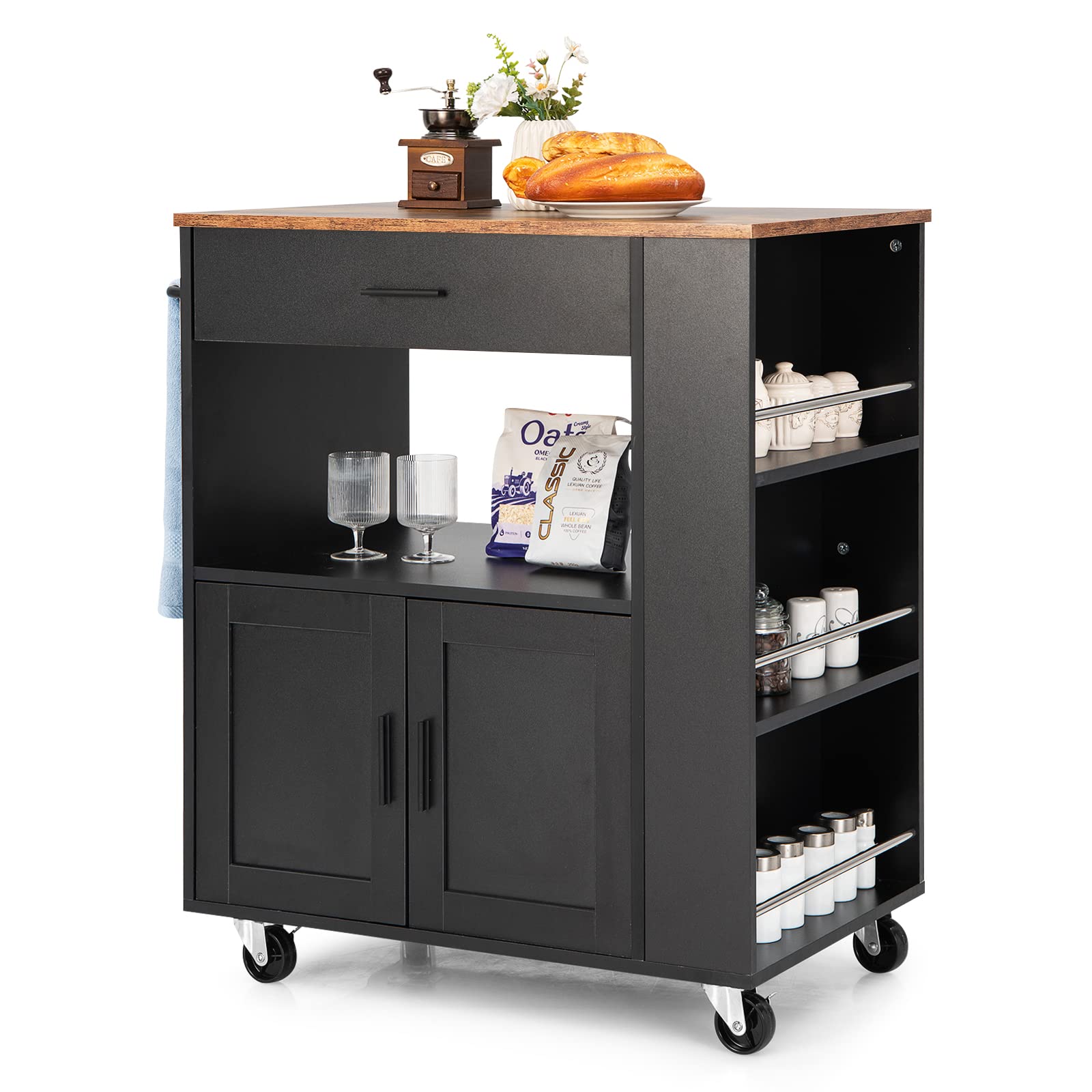 Giantex Kitchen Island on Wheels, Rolling Trolley Cart with 3 Spice Racks, 2-Door Cabinet