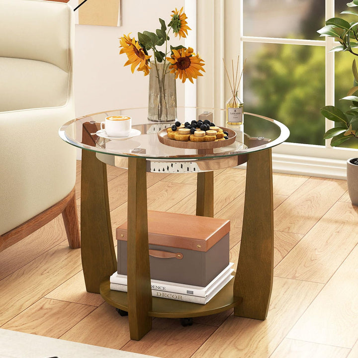 Giantex Round Glass Coffee Table 32" Rolling Center Tables with Wheels