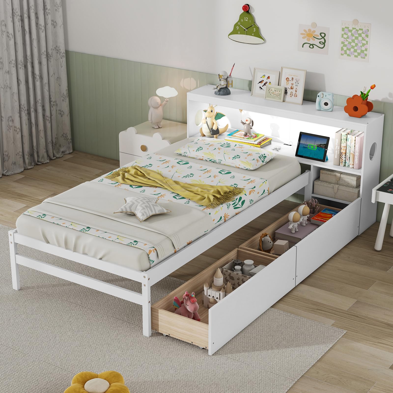 Giantex Wood Twin Bed Frame with Storage Drawer & Headboard, Modern Platform Bed with Charging Station & LED Light