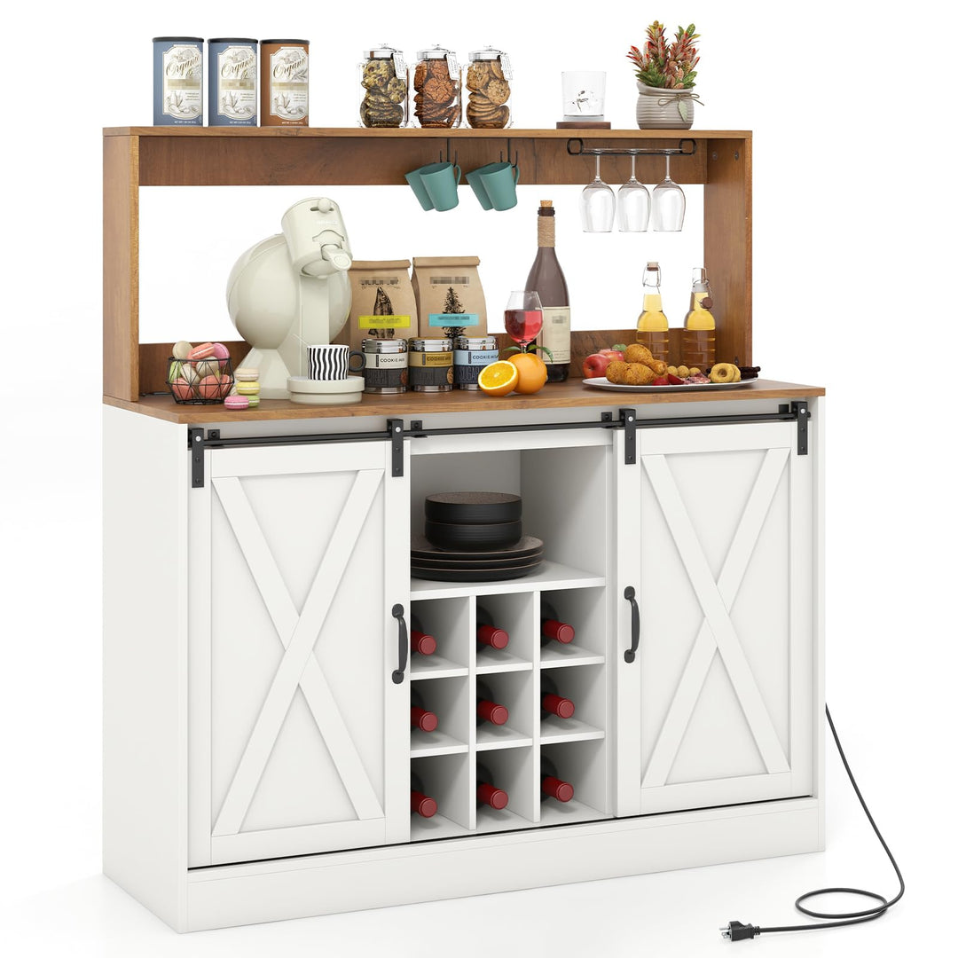 Giantex Farmhouse Buffet Cabinet with Hutch, Charging Station, 9 Bottle Wine Rack, Cup Glass Holder