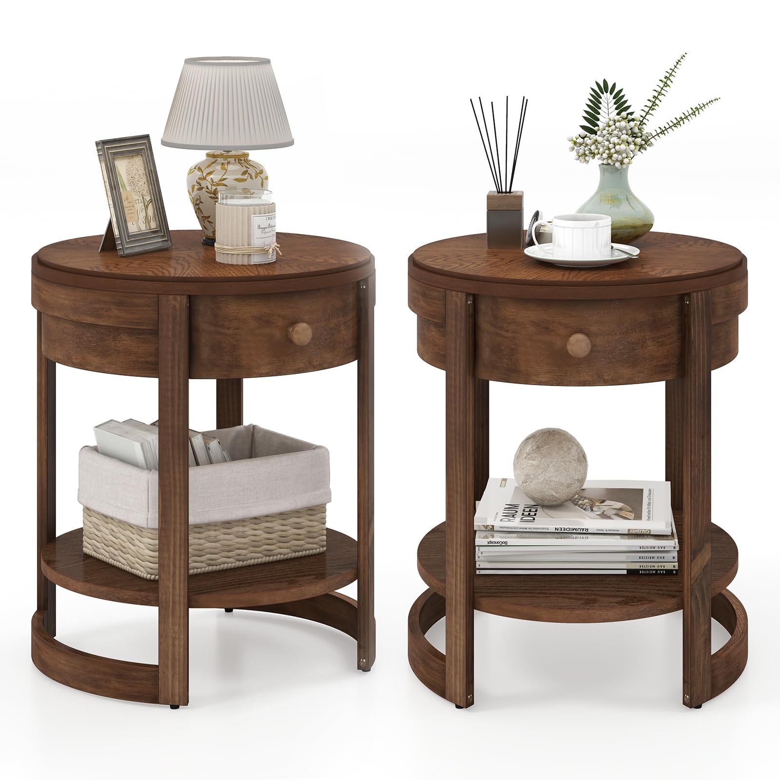 Giantex Round Side Tables Set of 1/2, 2-Tier Retro End Tables with Drawer & Shelf