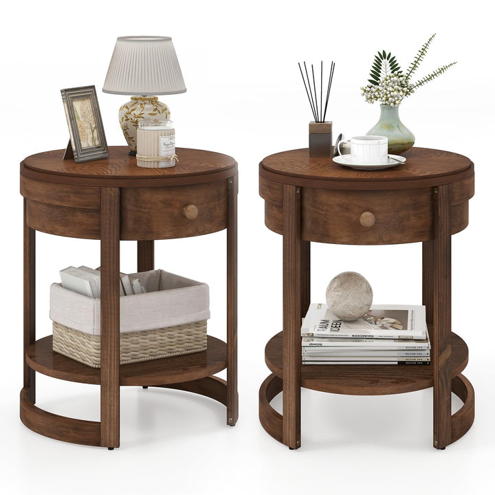 Giantex Round Side Tables Set of 1/2, 2-Tier Retro End Tables with Drawer & Shelf