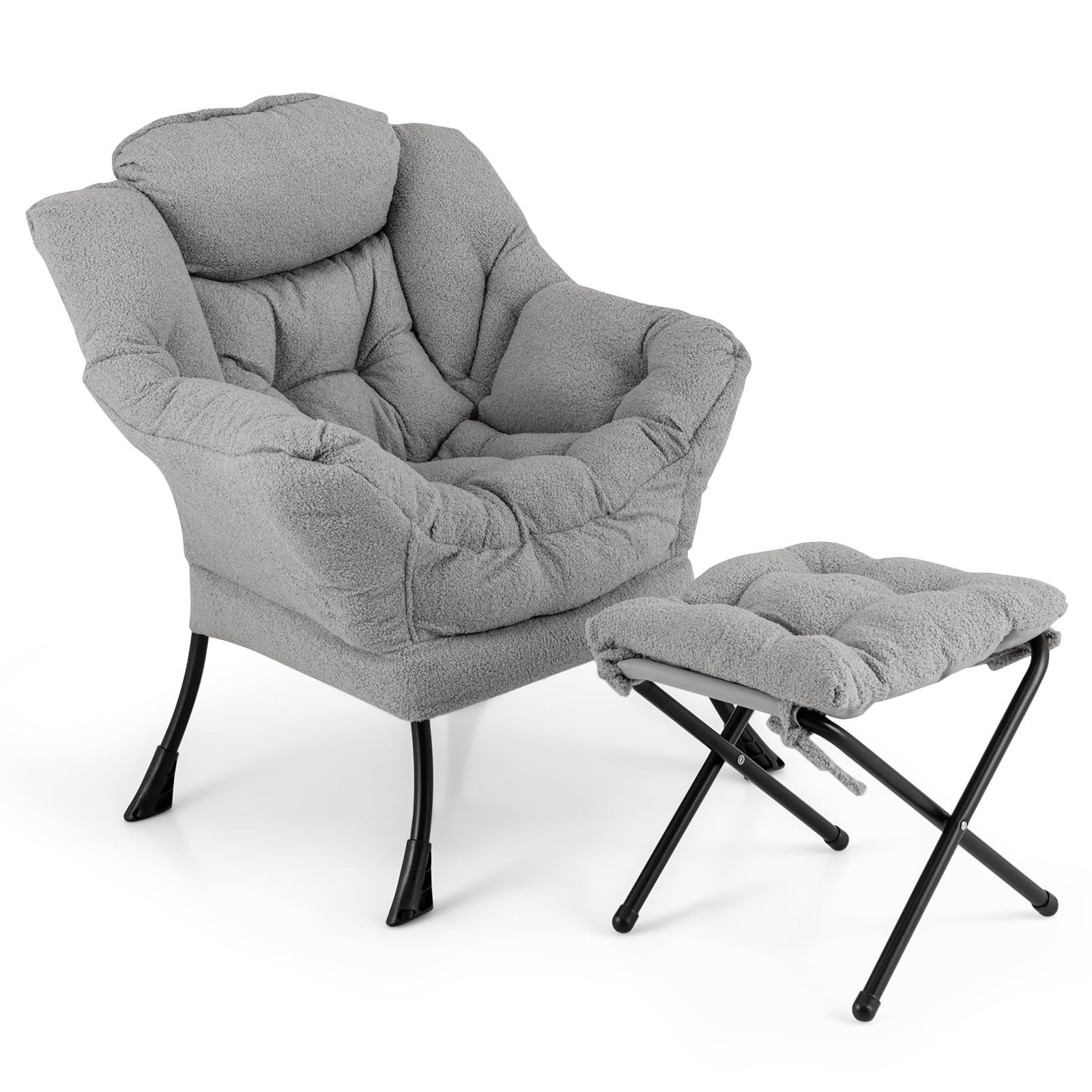 Giantex Set of 1/2 Lazy Chair with Folding Ottoman, Modern Sherpa Accent Chair w/Armrests & Pocket