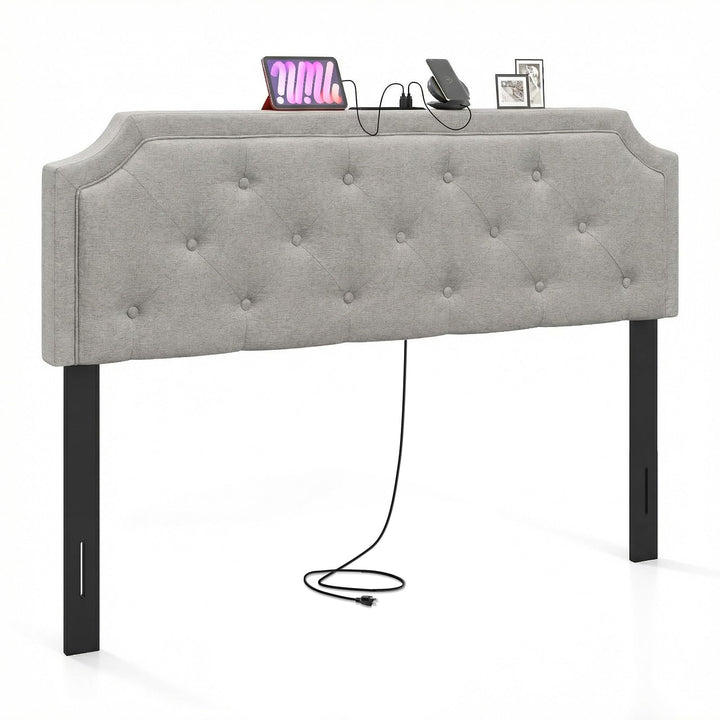 Giantex Tufted Upholstered Head Board with 2 AC Outlets