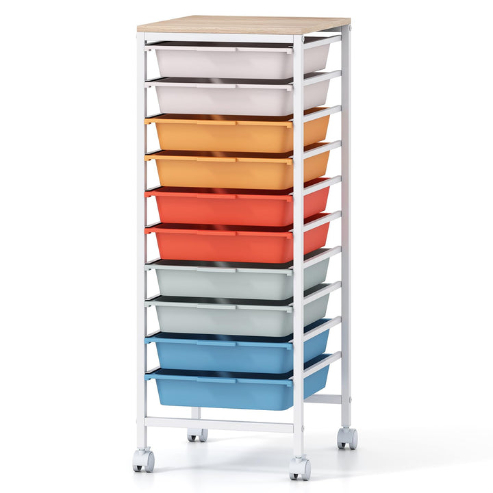 Giantex 10-Drawer Rolling Storage Cart Mobile Utility Organizer with Wooden Tabletop and Lockable Wheels
