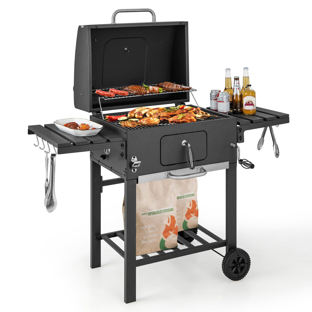 Giantex 24-Inch Charcoal Grill - 2 Foldable Side Tables, Bottom Storage Shelf, 8 Hooks, Adjustable Charcoal Tray