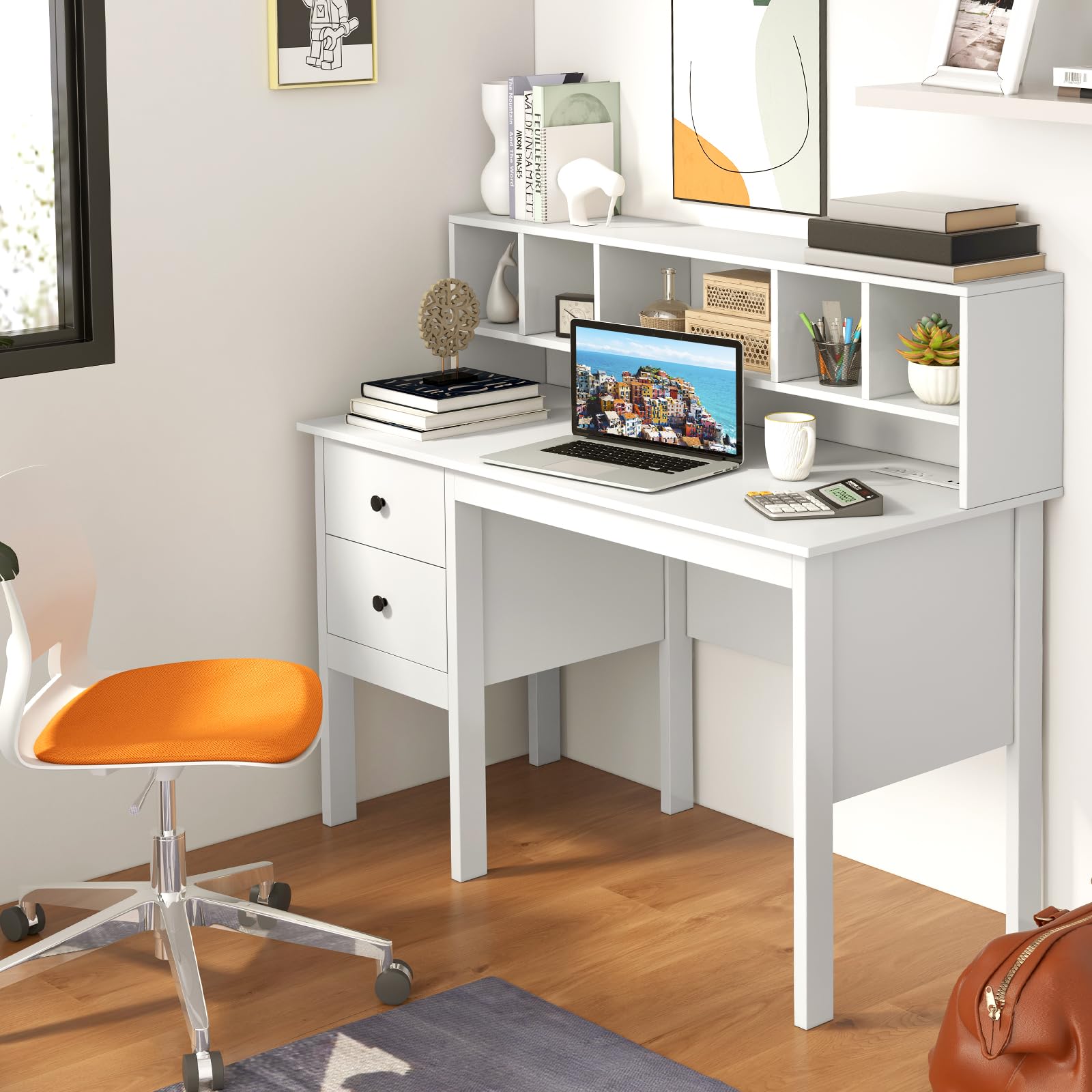Giantex White Desk with Drawers and Power Outlet, 48" Home Office Computer Desk with 5-Cubby Hutch