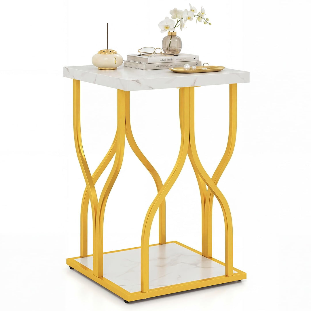 Giantex 2-Tier End Table with Storage Shelf &amp; Gold Petal-Inspired Geometric Metal Frame