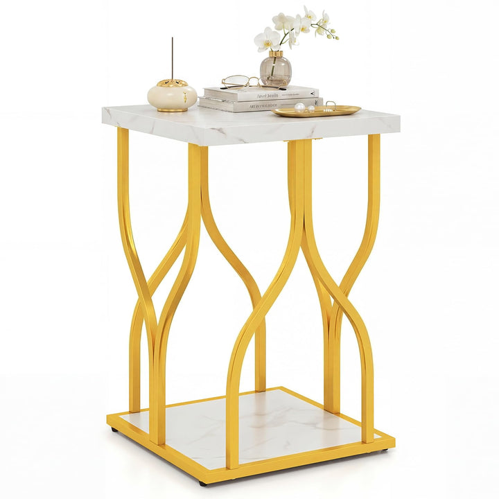Giantex 2-Tier End Table with Storage Shelf &amp; Gold Petal-Inspired Geometric Metal Frame