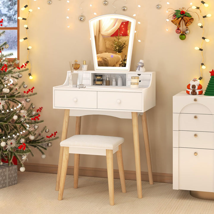 Small Vanity Desk with Mirror and Lights, White Makeup Vanity Desk with 6 Drawers