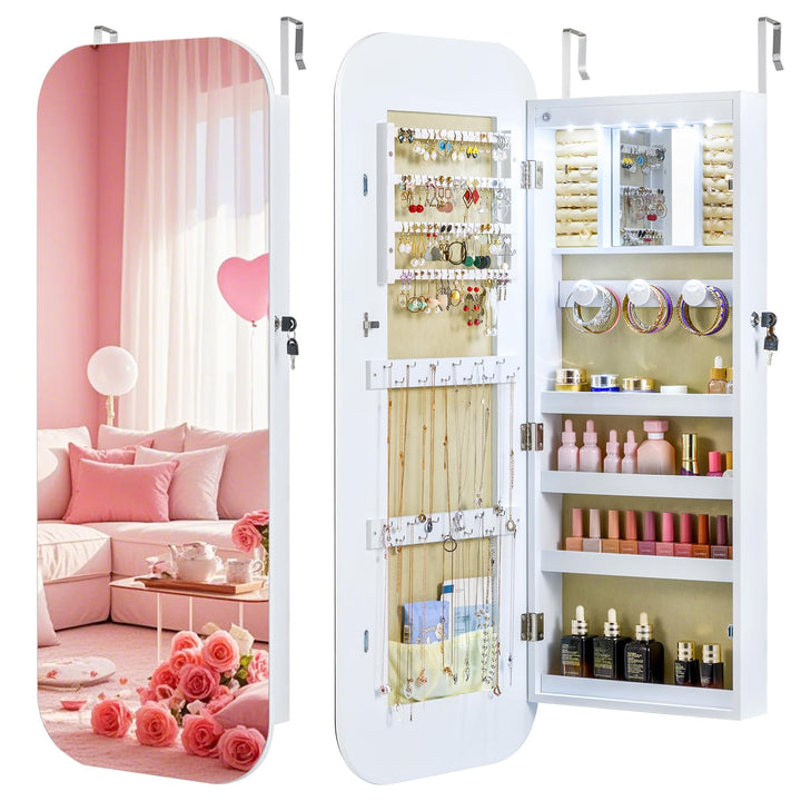 CHARMAID Jewelry Cabinet with Lockable Rounded 16.5'' Wide Full Length Mirror