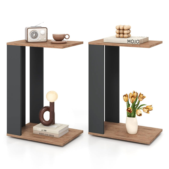Giantex C Shaped End Table, 2-Tier Sofa Side Table with Universal Wheels & Storage Shelf