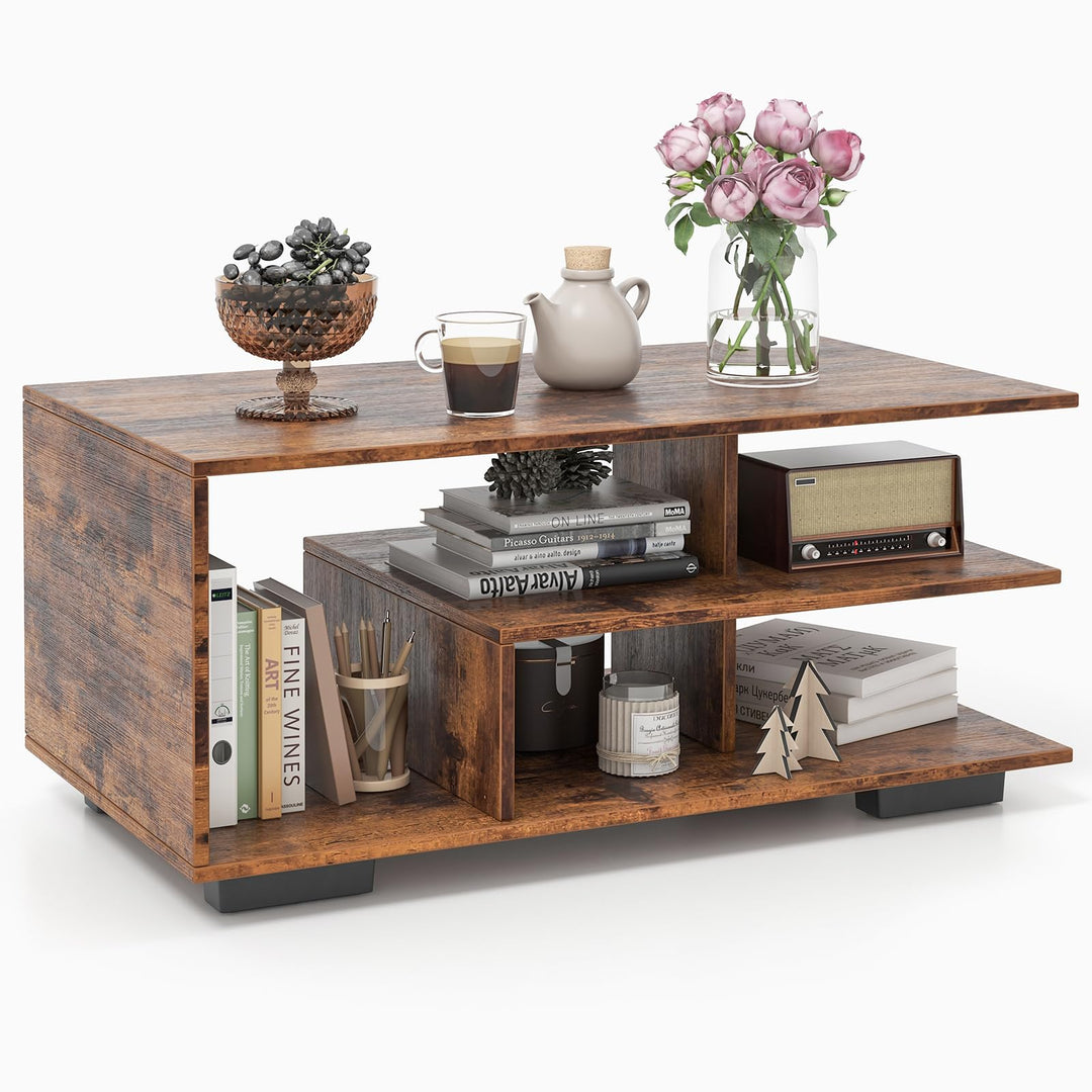 Giantex Coffee Table with Storage, Modern Rectangular Accent Table with L-shaped Middle Shelf