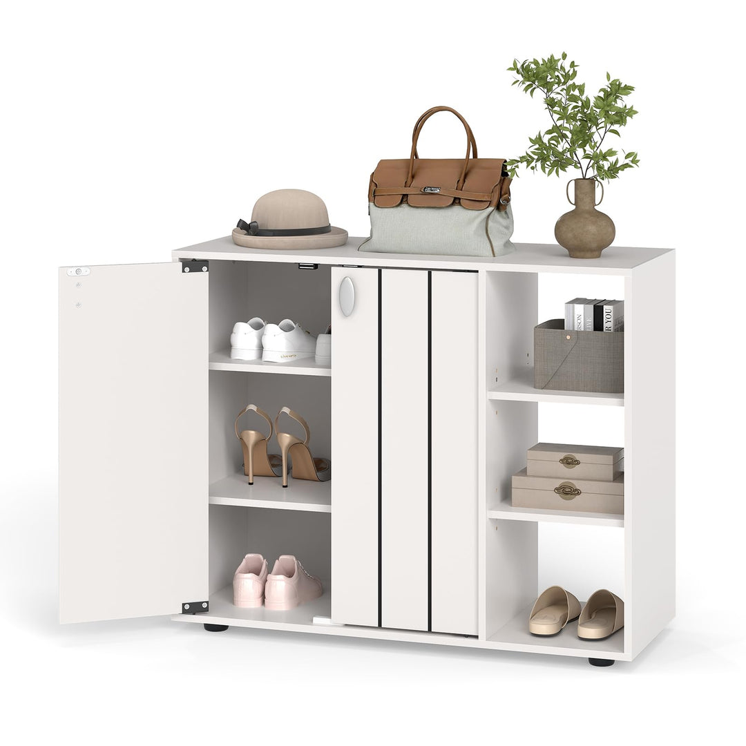 Giantex Wood Shoe Cabinet with Doors with 3-Level Adjustable Open Shelves